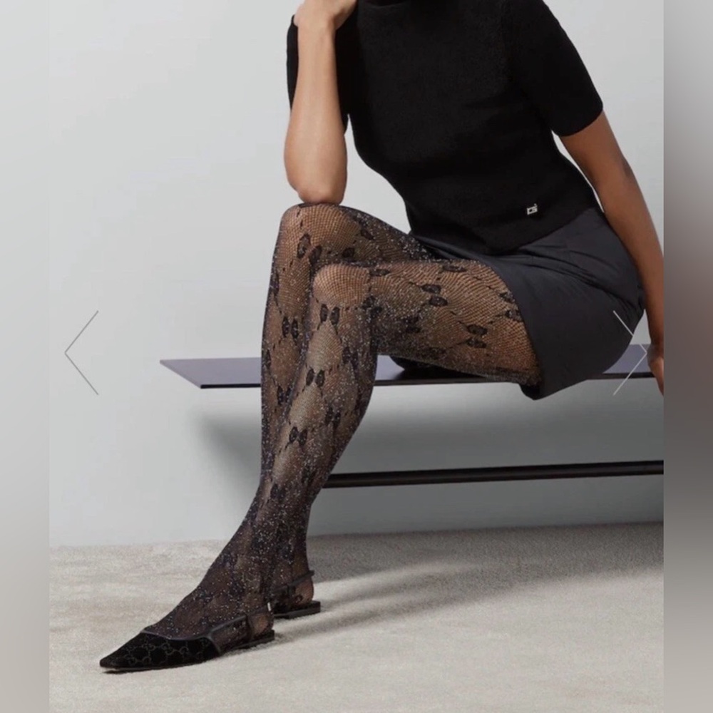 New Authentic Gucci GG Supreme Logo Tights Black Silver Size L - Picture 3 of 12